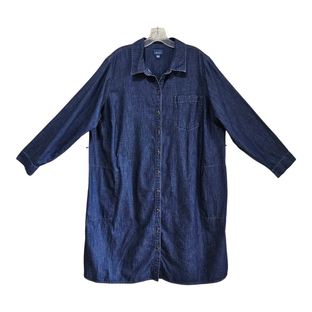 J JILL Women's Plus 2X Jean Dress Button Up Shift 3 Pockets Long Sleeve Cotton